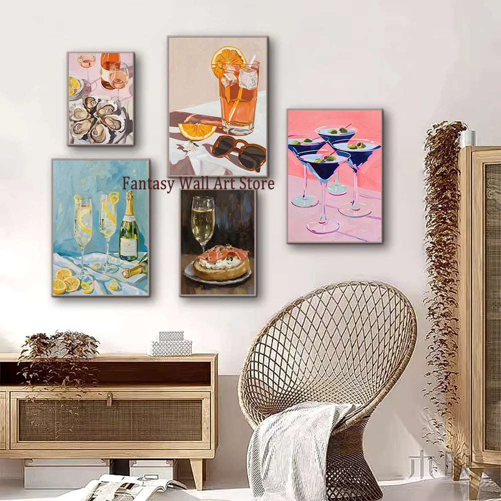 A collection of four wall art prints featuring food and wine themes, including citrus fruit, cocktails, and gourmet dishes.