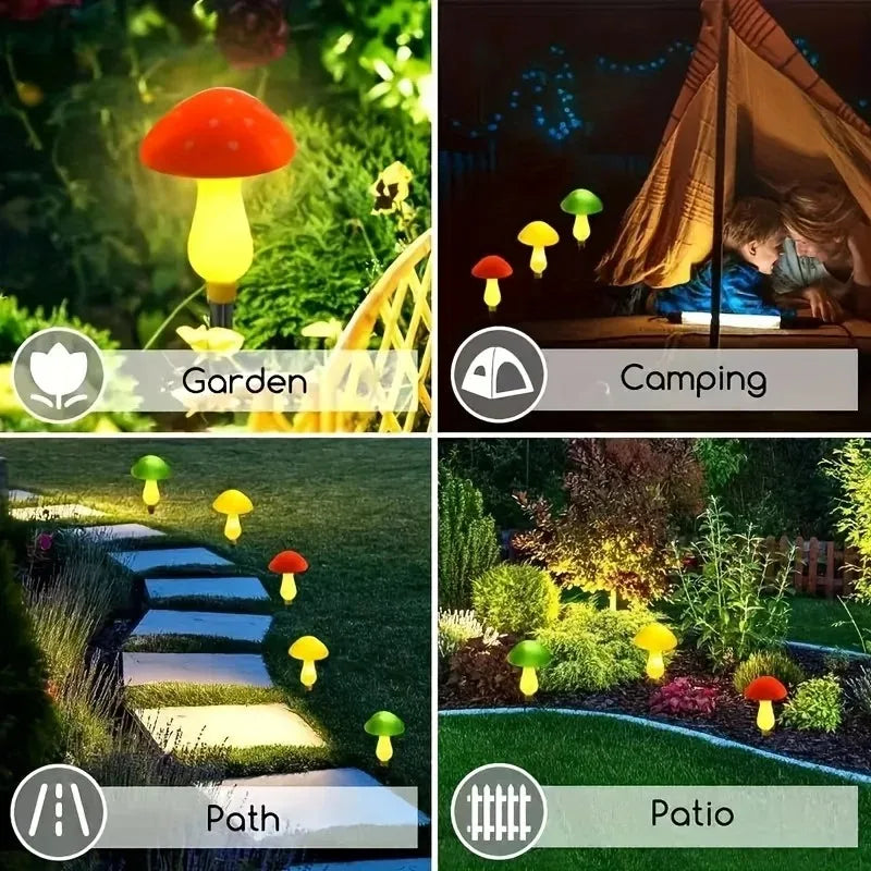A set of six solar mushroom garden lights illuminating a path, camping area, and patio.