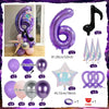 A set of purple and silver balloons, including a number six balloon column, star balloons, and purple rings.