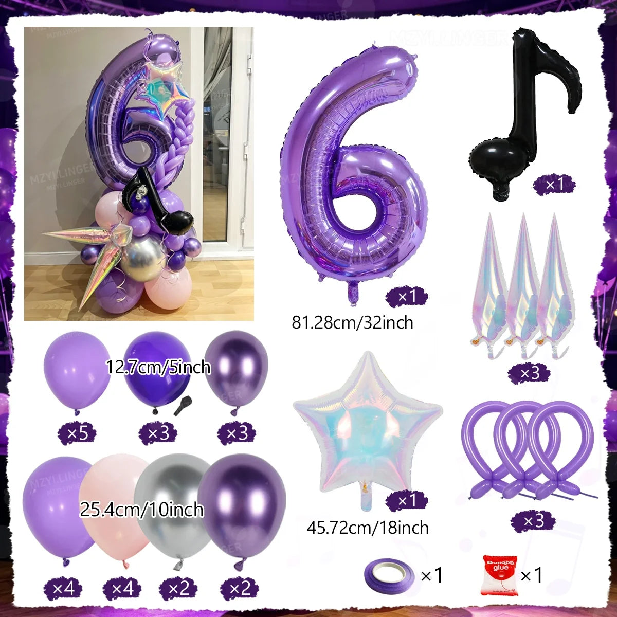 A set of purple and silver balloons, including a number six balloon column, star balloons, and purple rings.