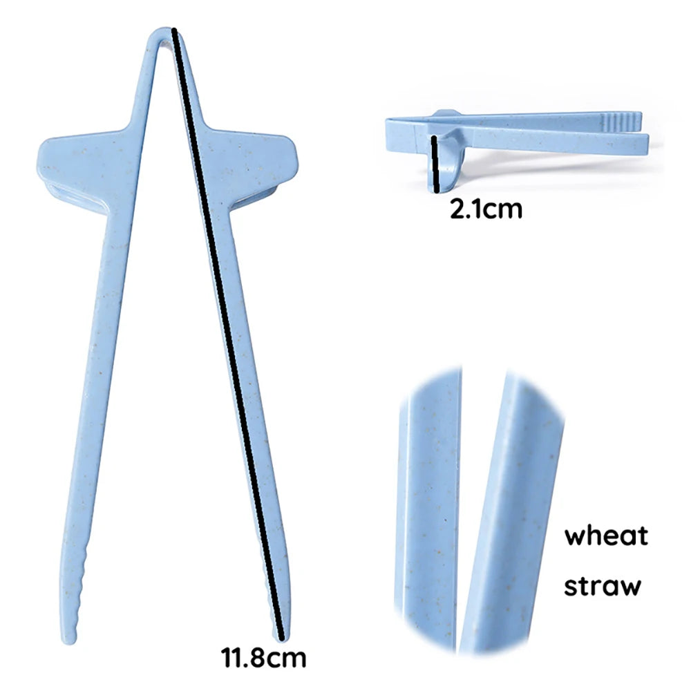 Light blue reusable wheat straw finger chopsticks shown with measurements and usage examples.