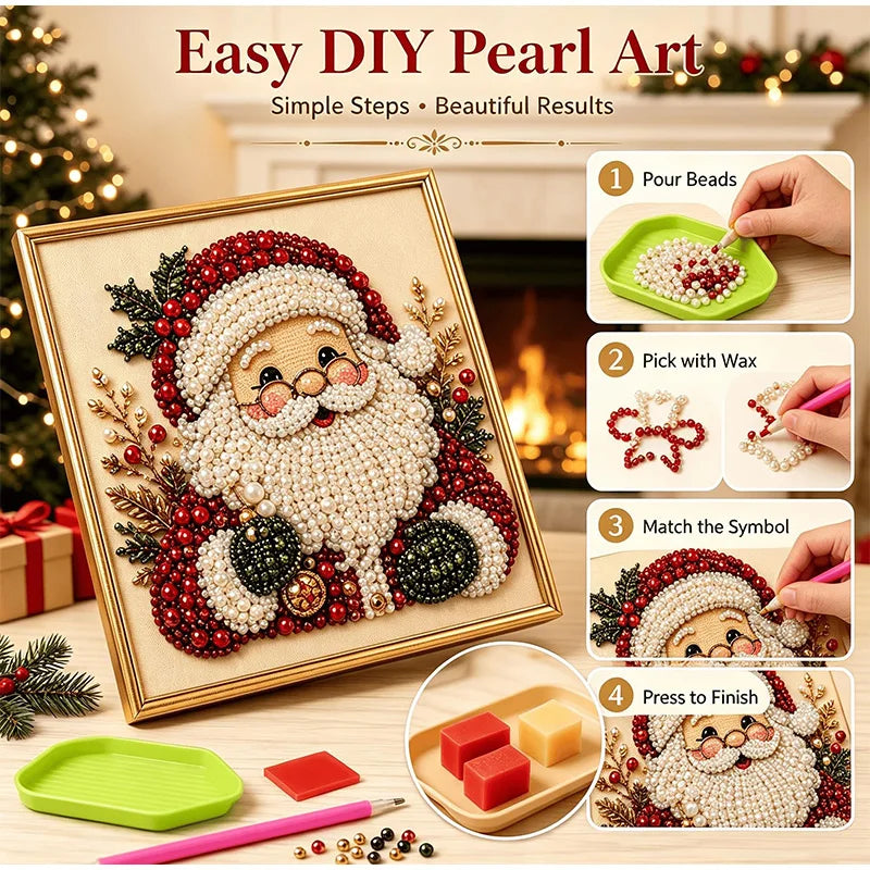 DIY pearl art kit showing steps for creating a Christmas character painting on a framed canvas