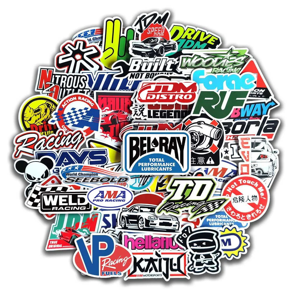 A collection of various JDM style vinyl decals and stickers for cars, laptops, and other items.