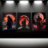 Three framed dark abstract samurai prints featuring warriors silhouetted against fiery red and orange suns on black canvas.