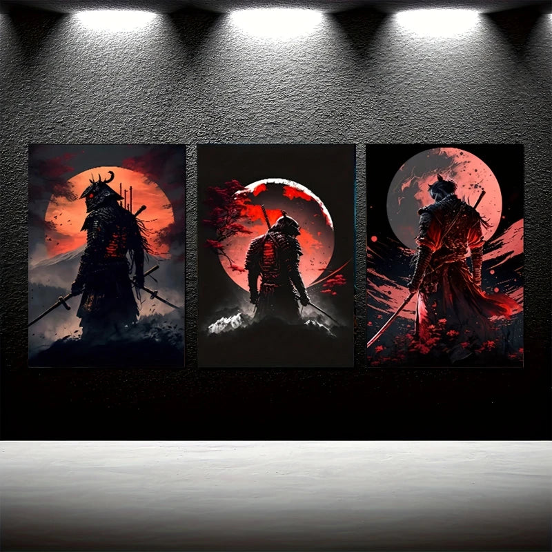 Three framed dark abstract samurai prints featuring warriors silhouetted against fiery red and orange suns on black canvas.