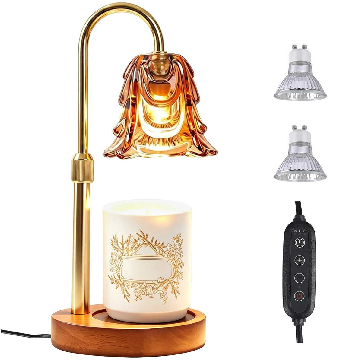 Elegant gold candle warmer lamp with a glass shade and a digital timer on a wooden base.