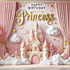 A pink princess castle photo backdrop for birthday parties featuring a large castle, pink clouds, and gold accents.