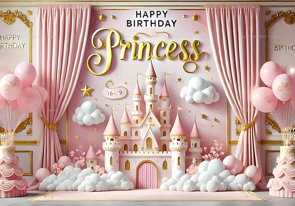 A pink princess castle photo backdrop for birthday parties featuring a large castle, pink clouds, and gold accents.