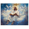 A painting depicting Jesus reading a book amidst clouds with surrounding white doves and a golden cross.