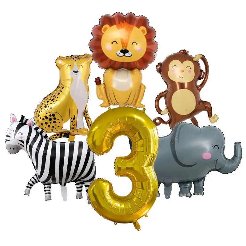 Jungle safari birthday decor set featuring inflatable animals like a lion, zebra, and elephant.