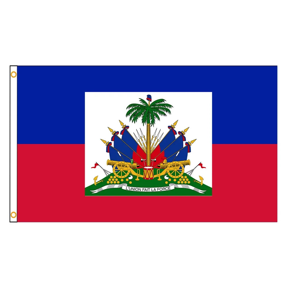 Haitian national flag featuring blue, white, and red horizontal stripes with a central emblem.
