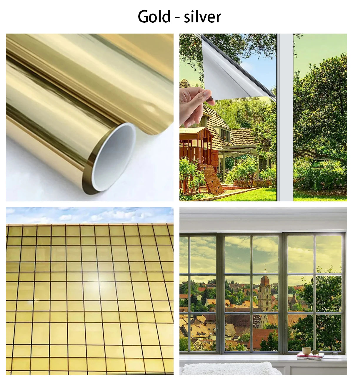 Gold-silver privacy window film shown in various applications including a roll, a window covering, and a glass panel.