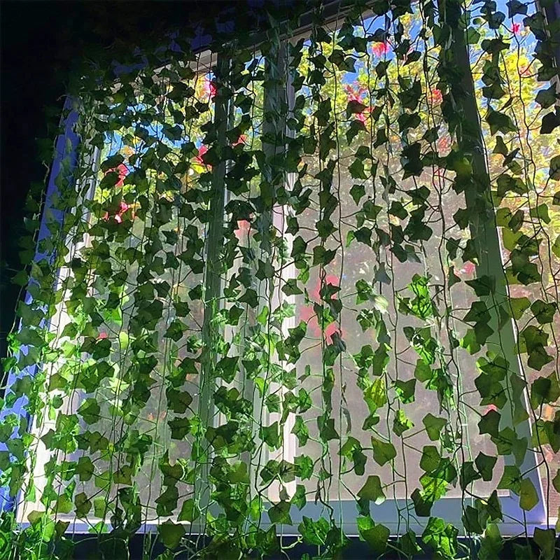 Artificial ivy vine garland hanging decor with green leaves and pink flowers