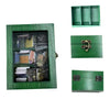 A wooden book display with glass panels and a green frame, featuring multiple compartments.