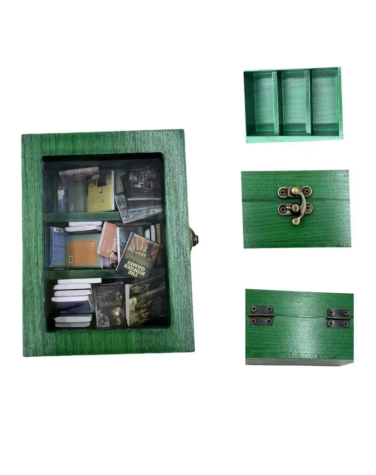A wooden book display with glass panels and a green frame, featuring multiple compartments.