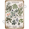Vintage metal tin sign featuring botanical illustrations of various plants and flowers.