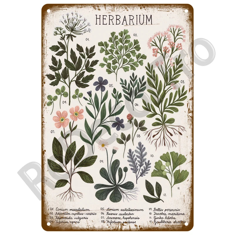 Vintage metal tin sign featuring botanical illustrations of various plants and flowers.