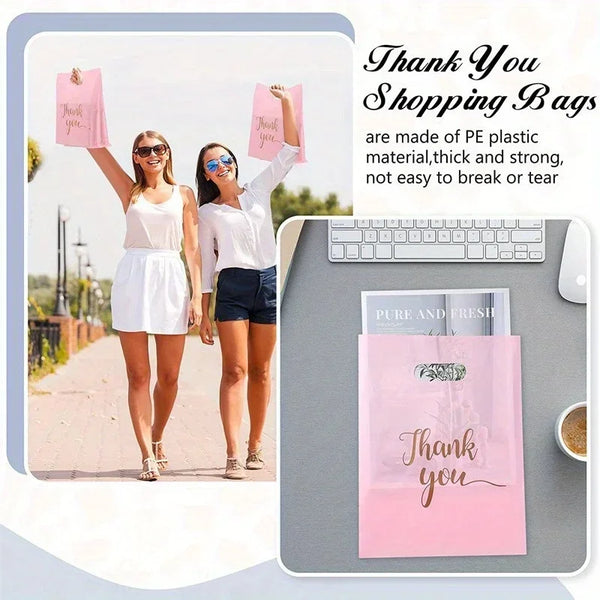 Two women smiling while carrying pink thank you shopping bags made of PE plastic