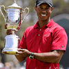 A painting of Tiger Woods holding a silver trophy, wearing a red polo shirt.