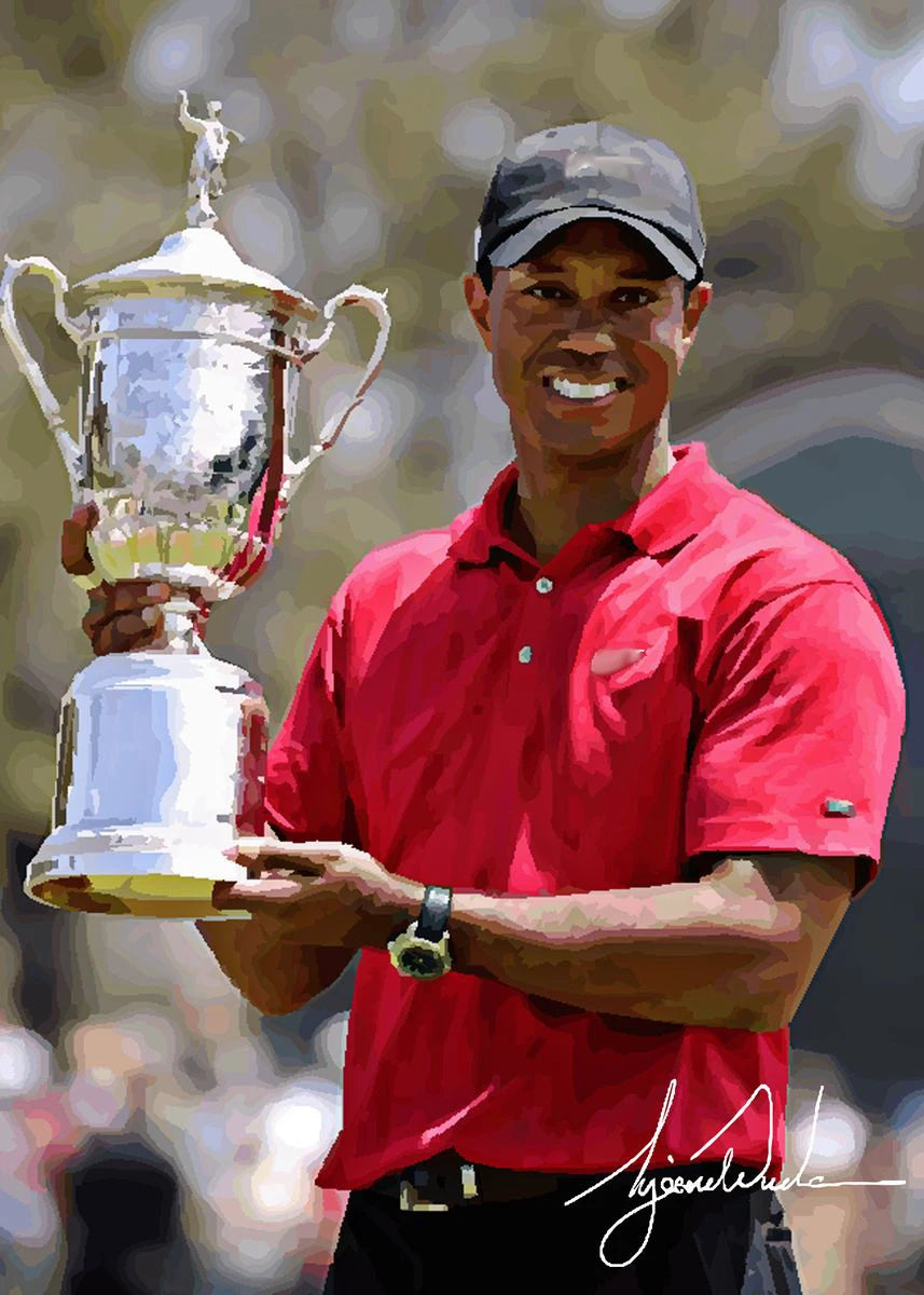 A painting of Tiger Woods holding a silver trophy, wearing a red polo shirt.
