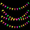 A string of colorful triangular pennant banners in neon colors hanging against a black background.