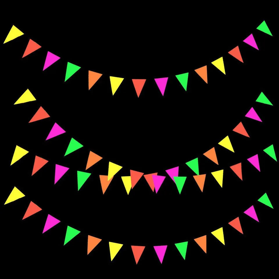 A string of colorful triangular pennant banners in neon colors hanging against a black background.