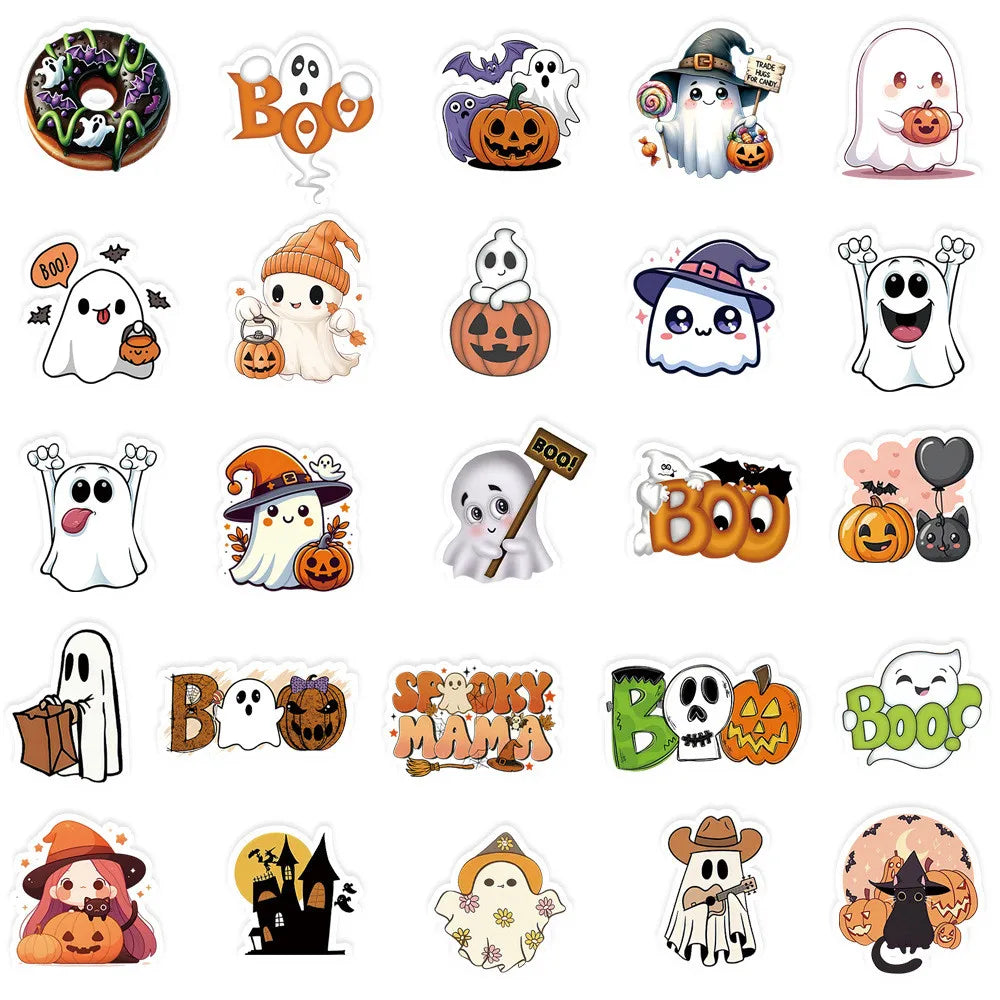 A collection of transparent DIY stickers featuring Halloween themes like ghosts, pumpkins, and bats.