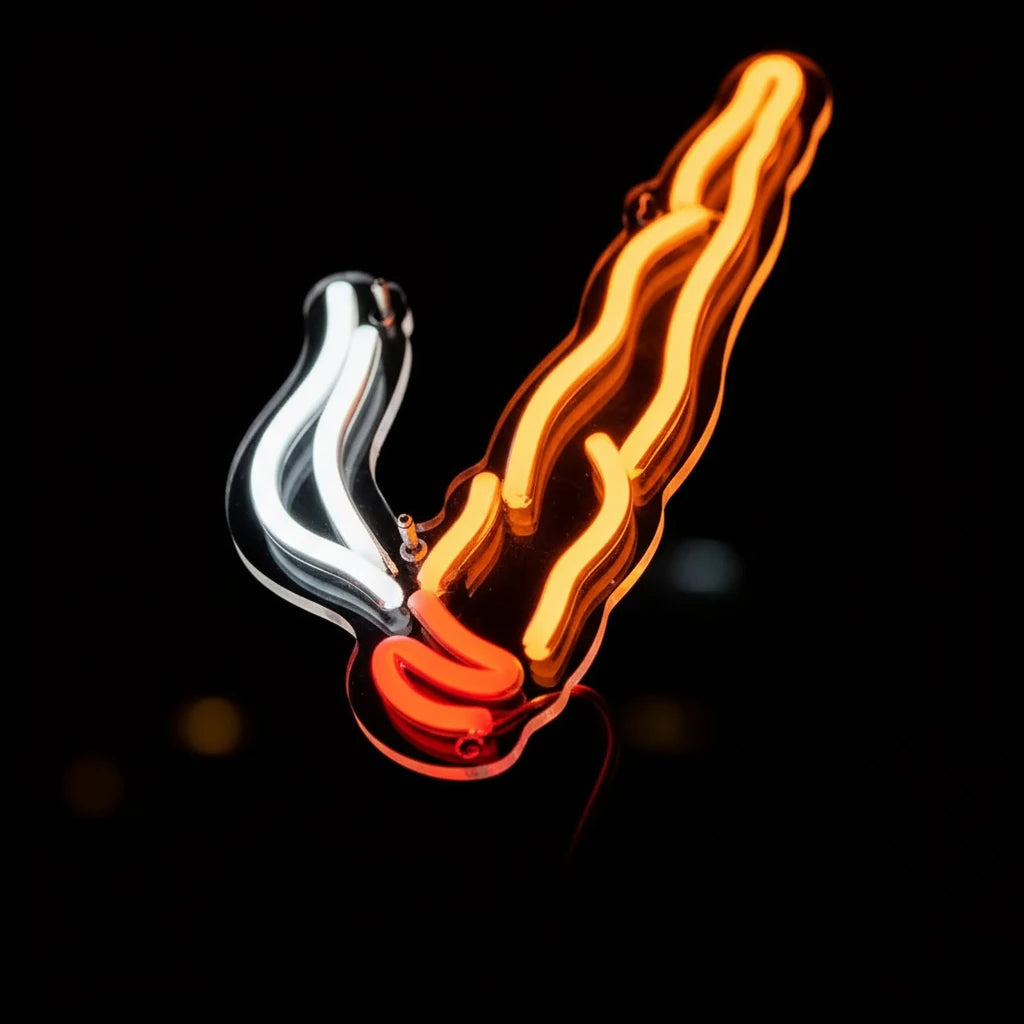 Décor mural LED néon en forme de cigarette, orange et rouge lumineux.