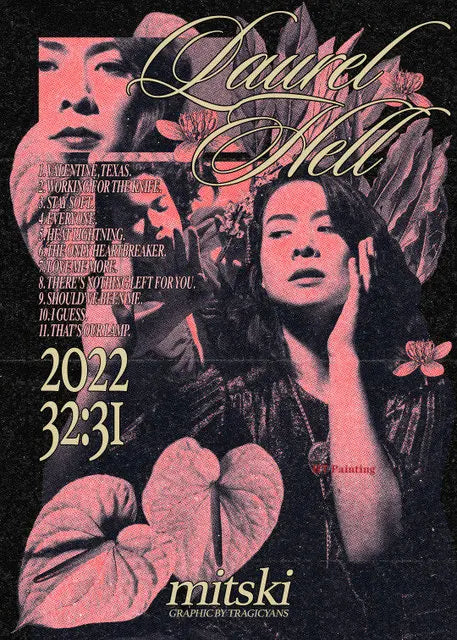 Album art for Laurel Hell featuring a portrait of a woman with dark hair and pink floral elements.