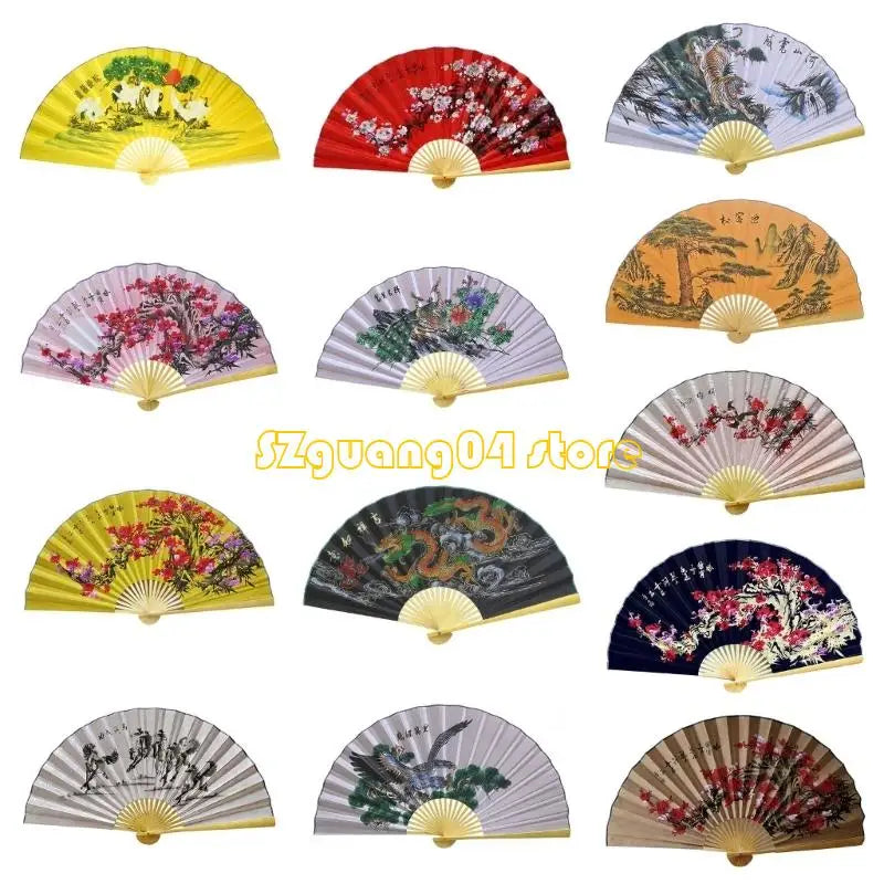 A collection of nine decorative Chinese theme folding fans in various colors and patterns.