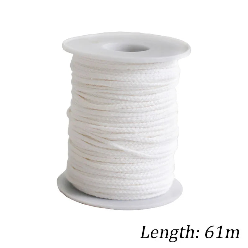 A spool of white braided cotton candle wicks for oil lamps, measuring 61 meters in length.