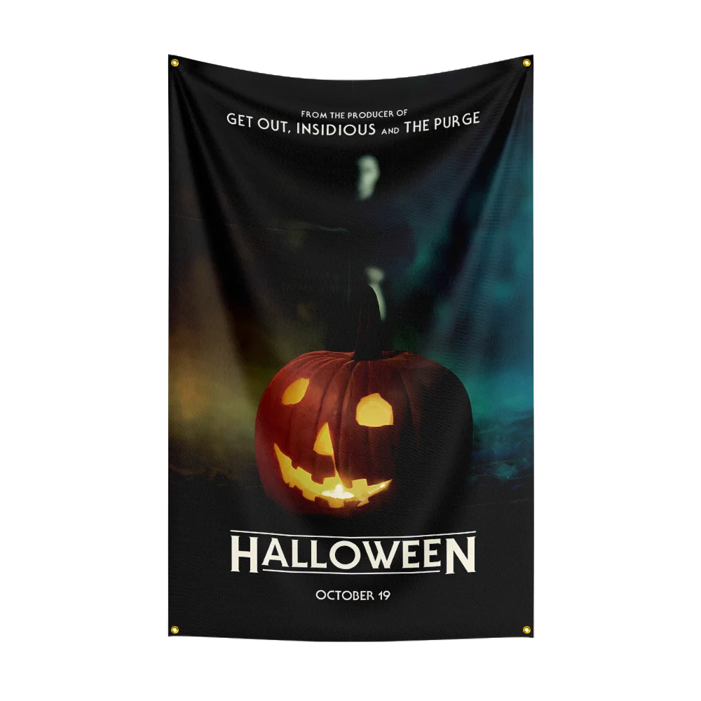 A black flag featuring a carved jack-o'-lantern face against a dark, moody background with Halloween text and a date.