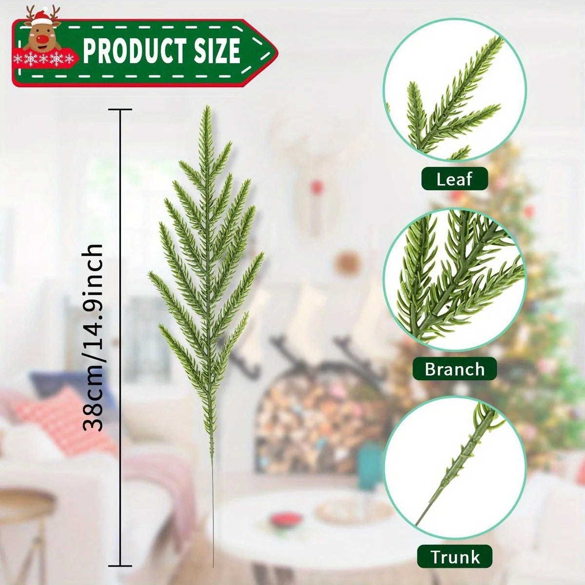 A vertical display of lifelike artificial pine branches showing various parts like leaves, branches, and trunk for holiday de