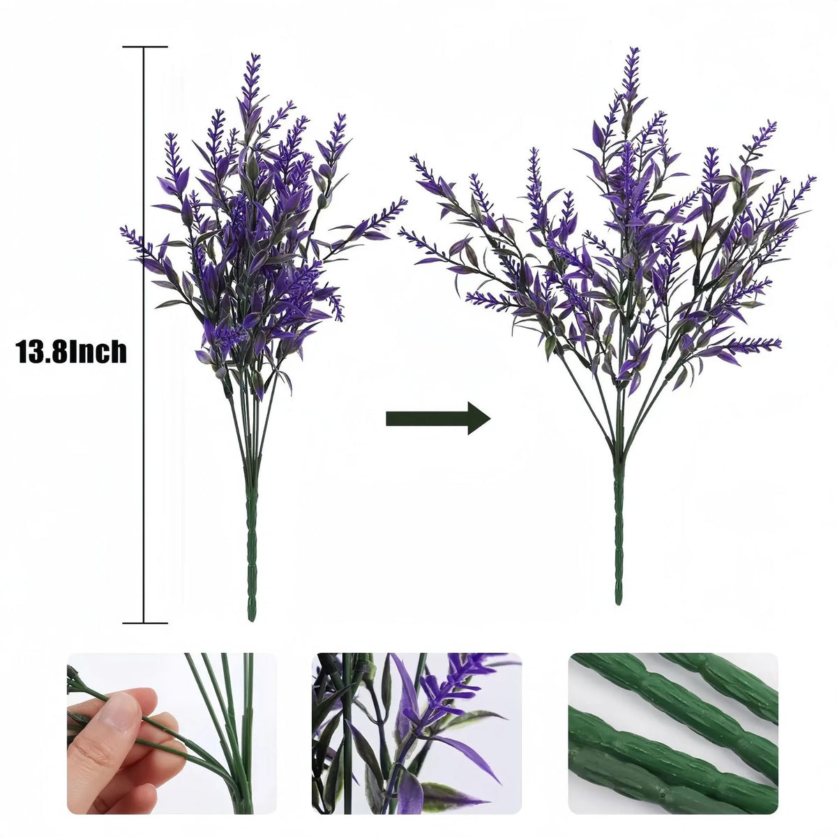 A vertical arrangement of purple artificial lavender flowers on a green stem.