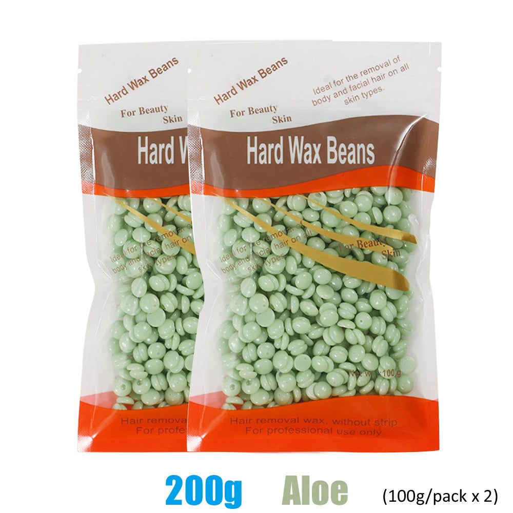 A package of Hard Wax Beans for beauty and hair removal, showing green beans inside.