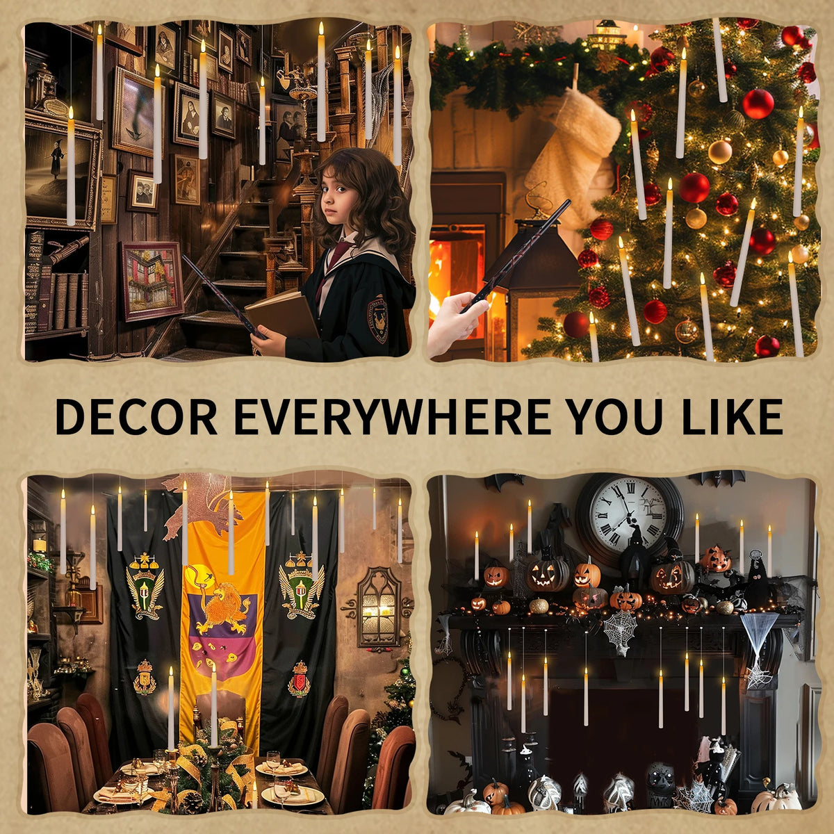 A collection of decorative scenes featuring floating candles and a magic wand remote for home decor.