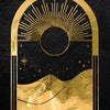 Gold framed artwork featuring a sunburst and crescent moon over a silhouette of rolling hills.