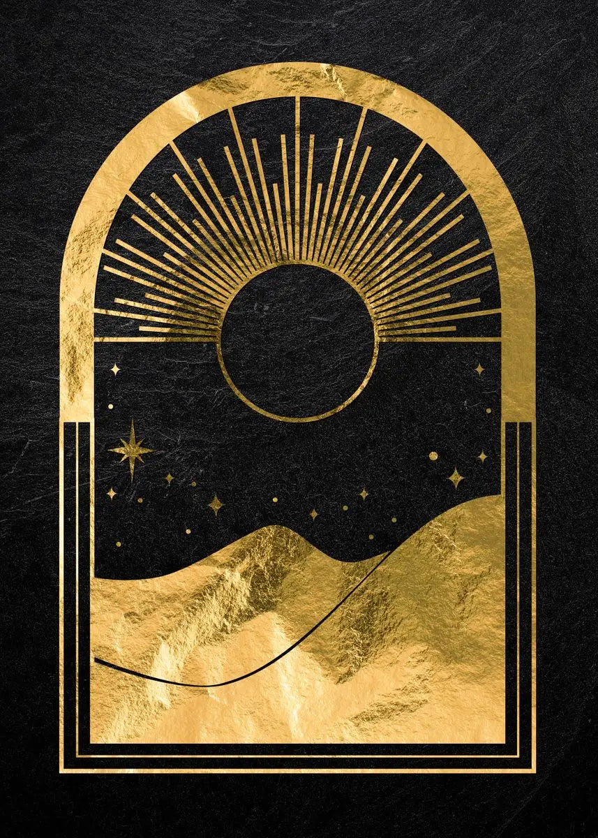 Gold framed artwork featuring a sunburst and crescent moon over a silhouette of rolling hills.