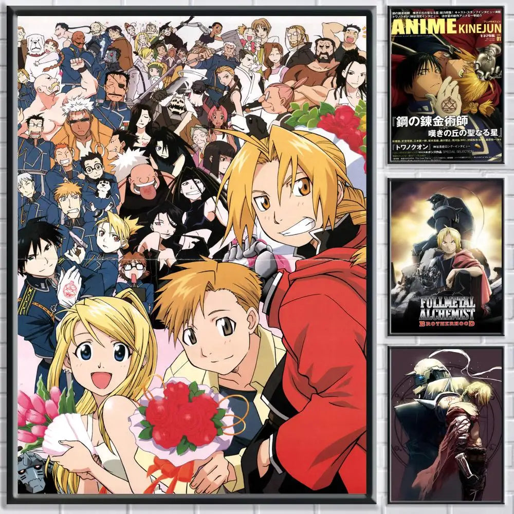 Anime poster featuring characters from Fullmetal Alchemist in various scenes and artwork.