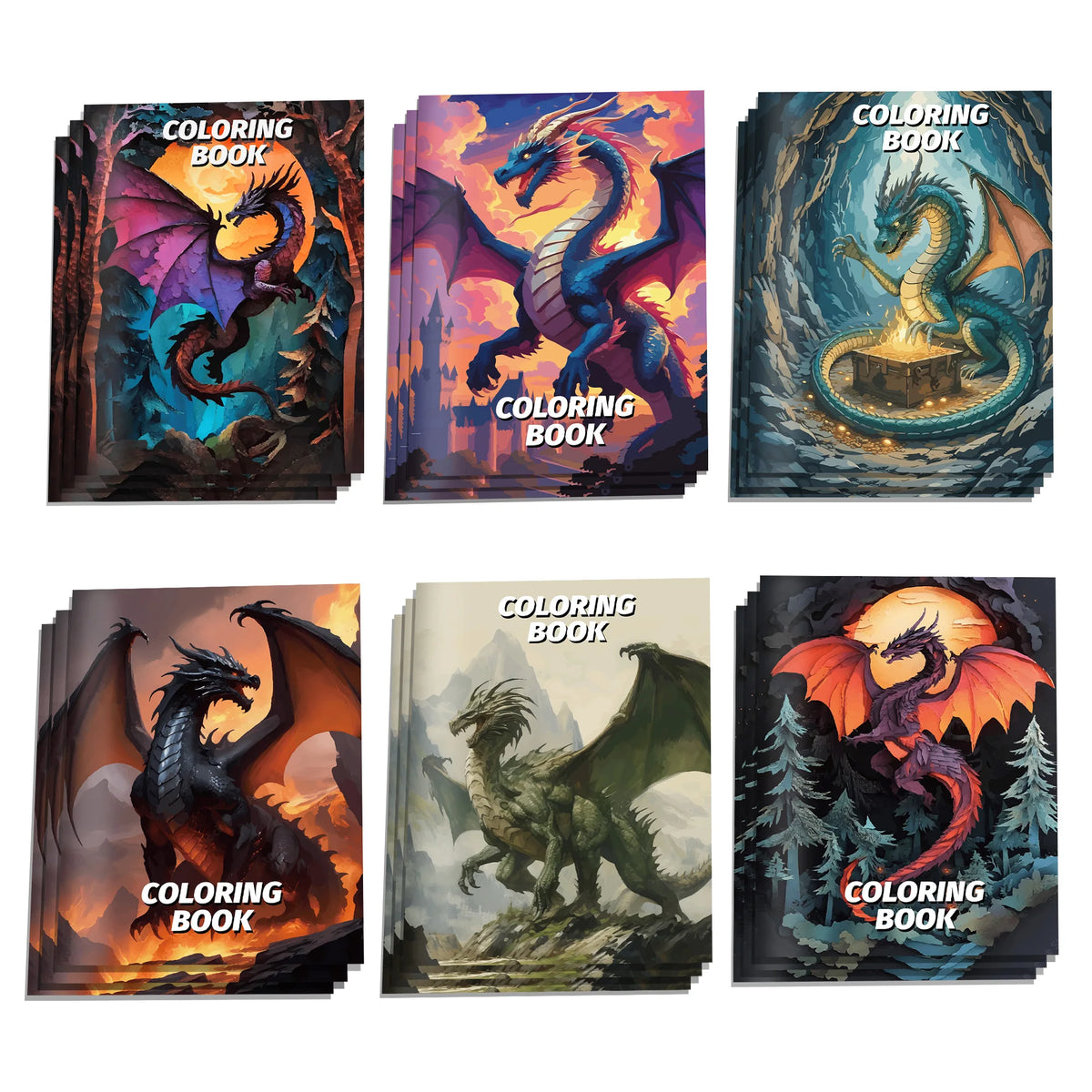 Un set de six livres de coloriage sur le thème des dragons avec diverses créatures en poses dynamiques et illustrations color