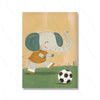 A cute, stylized elephant painting on canvas, colored in beige and orange tones, standing on green grass with a soccer ball.