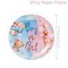 Eight paper plates featuring a watercolor design of a boy or girl theme with clouds and teddy bears