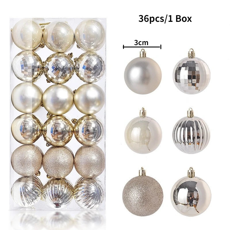 A box containing 36 festive Christmas tree ornament balls in various silver and champagne finishes.