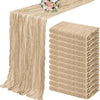 A set of ten terracotta semi-sheer cheesecloth table runners in a beige color stacked and displayed.