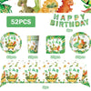 A set of dinosaur birthday party supplies including balloons, a banner, and a cake topper.