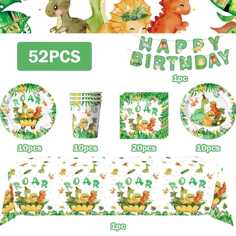 A set of dinosaur birthday party supplies including balloons, a banner, and a cake topper.