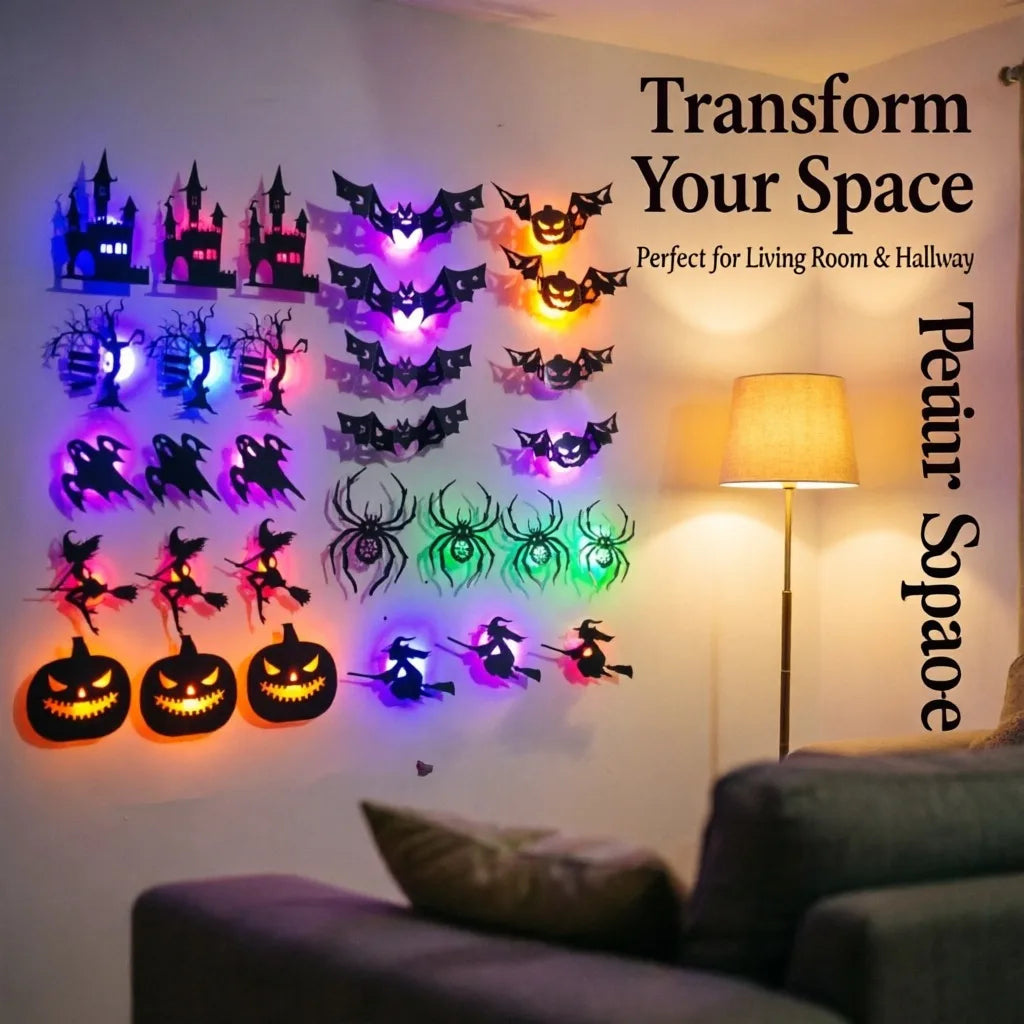 A wall display of 30 Halloween-themed LED stickers featuring bats, spiders, and jack-o'-lanterns.