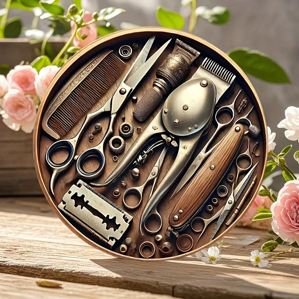 A circular wooden sign displaying a collection of vintage barber tools and grooming instruments.
