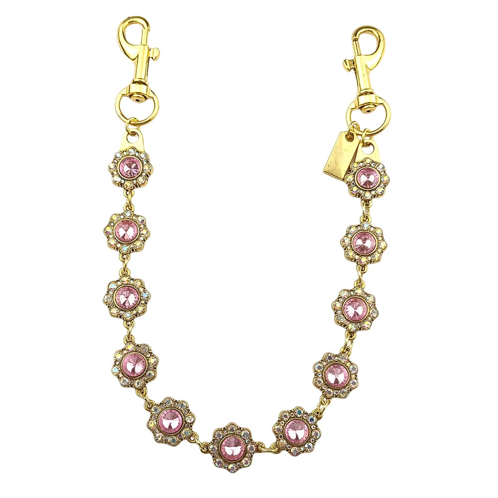 Gold chain extender with pink and clear rhinestones, featuring a lobster clasp.