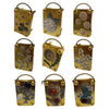 A collection of small metal flower press kits featuring various dried flowers and botanicals.